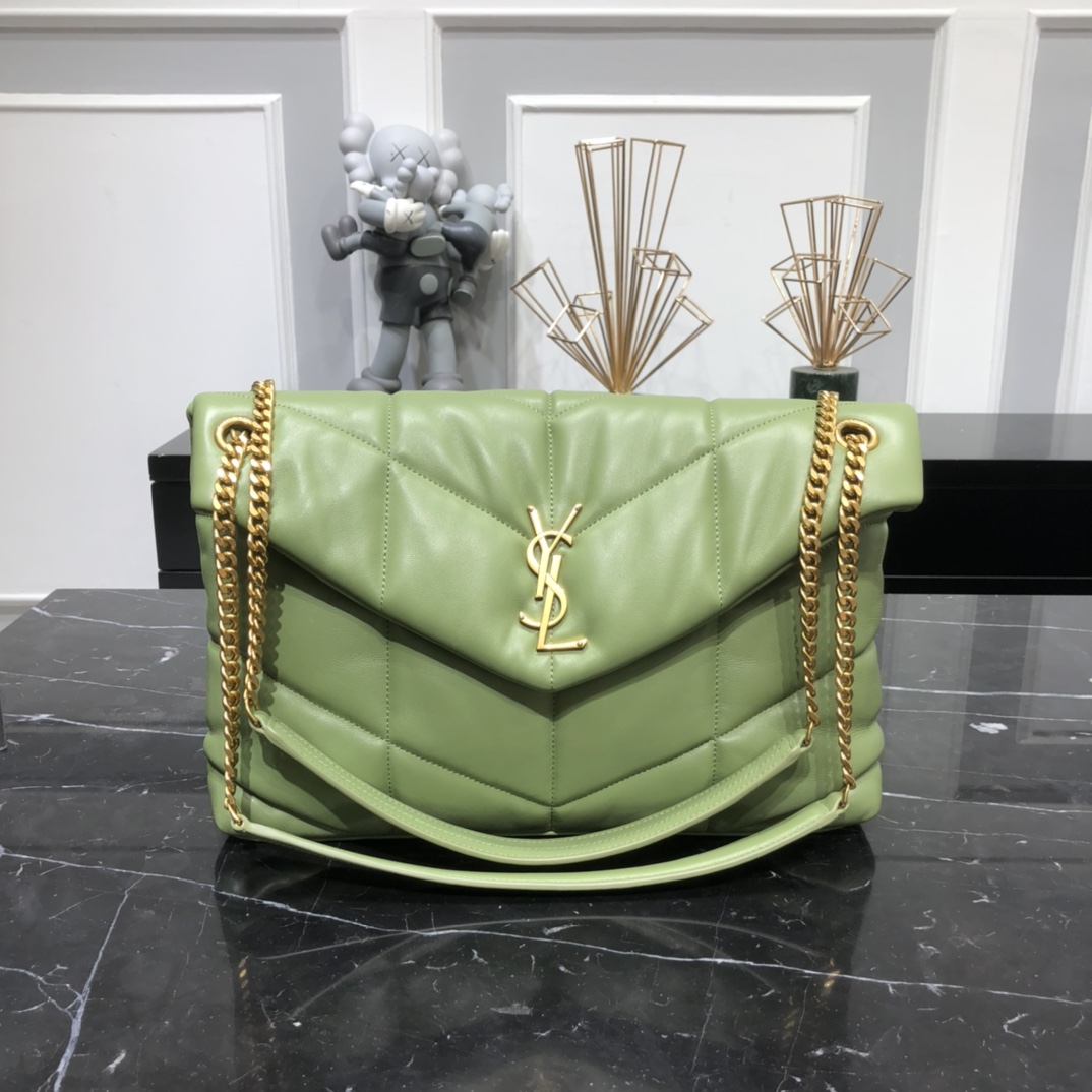 Saint Laurent Loulou Puffer Lambskin Shoulder Bag Handbag Green 577475 Gold